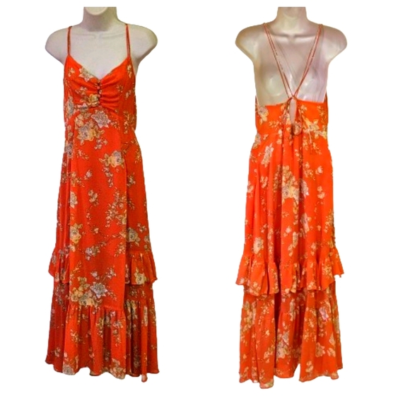 Urban Outfitters Orange/Yellow MultiColor Floral Strappy Ruffle Maxi Dress,Large - Picture 13 of 16